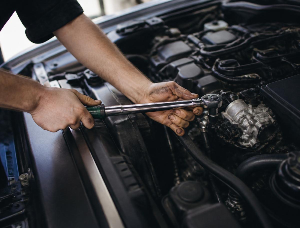 Mechanic torquing a bolt on an engine at Christo's Automotive Repair